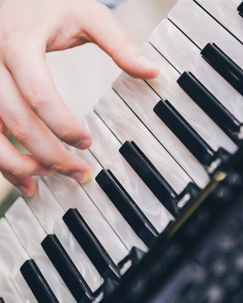 Hand auf den Tasten eines Akkordeons, dahinter eine Gitarre